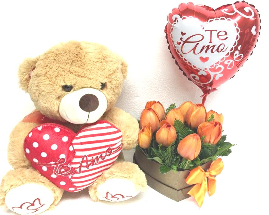 Caja Corazn de 10 Tulipanes, Peluche con Corazn 30cm y Globito